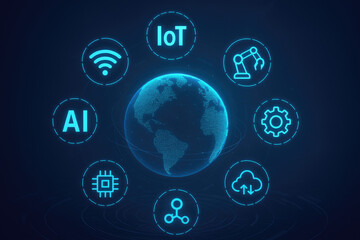 Digital globe surrounded by icons representing AI IoT Wi-Fi robotics cloud computing and networking