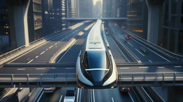 Futuristic Maglev Train, Cityscape, Transportation Technology