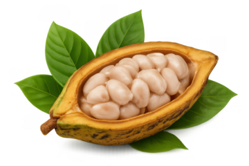 Cacao pod half showing fresh beans and green leaves on transparent background, raw organic fruit for chocolate production