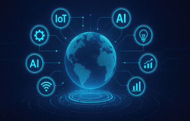 Digital illustration of global network with AI, IoT, and data icons connected to Earth technology internet