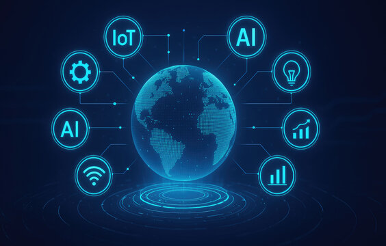 Digital illustration of global network with AI, IoT, and data icons connected to Earth technology internet
