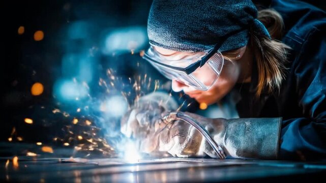 Skilled tradesperson welding metal, generating bright sparks in a dark industrial workshop. Manual labor with protective gear.