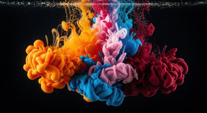 Colorful Ink Clouds Exploding in Water Against Black Background explosion abstract
