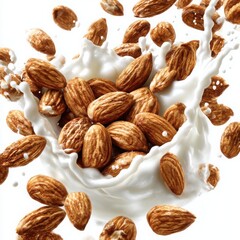 Almonds splashing into milk isolated on white background