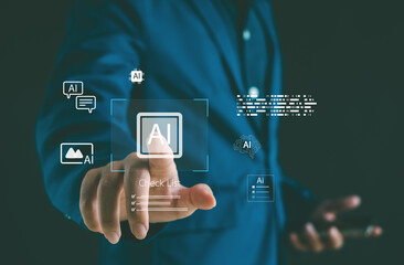 Artificial intelligence and business technology concept showing a professional touching a virtual interface with AI icons and holographic elements representing automation, data innovation.