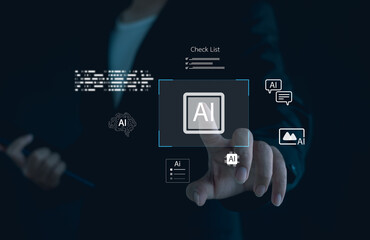 Artificial intelligence and digital technology concept showing businessperson using a virtual interface with AI icons and futuristic holographic elements representing innovation and data automation.