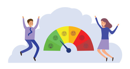 Mood gauge meter toward the green as energy rises. Overcoming stress and anxiety. Stop emotional problems. Customer rating satisfaction, feedback positive review. Positive thinking