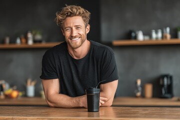 Happy man smiling with coffee cup in a modern cafe setting at daytime
