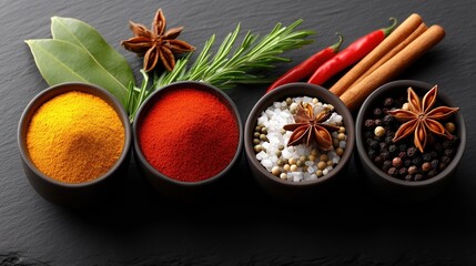 Assortment of vibrant spices and herbs in bowls on a dark background