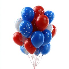 Bunch of red white and blue balloons with white stars isolated on white background