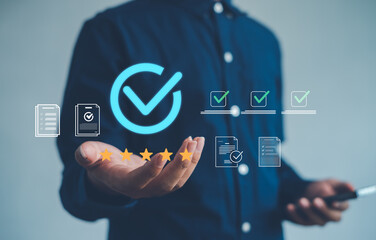 Business quality assurance concept with digital checkmark icon, 5-star rating, and document validation representing trust, compliance, and professional certification for corporate success.