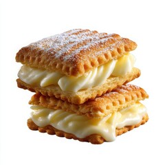 Two sweet cream filled cookies stacked together isolated on white background