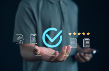 Professional quality assurance concept with digital checkmark icon, document verification, and 5-star rating for business standards, compliance, and certified service excellence.