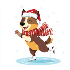 Cheerful Dog in Christmas Costume Ice Skating Happily in Snowy Winter Scene