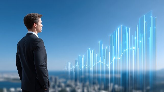 Businessman Looking at Abstract Digital Bar and Line Graphs Showing Growth and Success