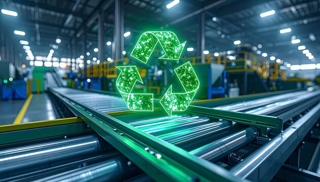 Green recycling symbol superimposed over metal conveyor rollers in an industrial factory; depth of field used