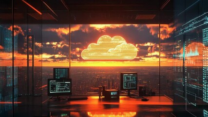 Cloud data technology integrating with urban cityscape at sunset - Powered by Adobe