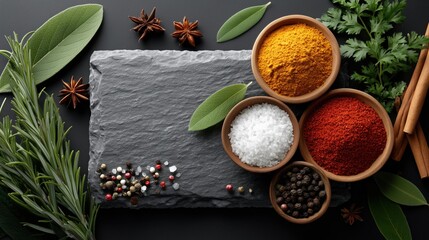 Colorful spices and fresh herbs on slate with copy space