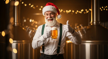 Santa holding a mug of beer, giving a thumbs up. Celebratory scene representing holiday cheer and brewery enjoyment, perfect for a festive brew