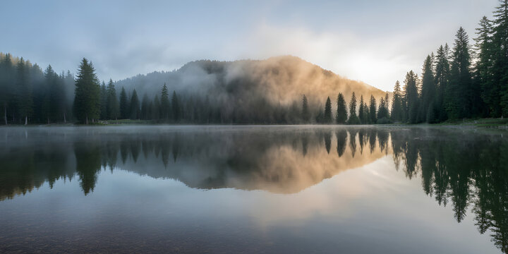 Tranquil Mountain Lake Reflections at Dawn with Mist and Evergreen Trees creating a Peaceful and Serene Nature Scene ideal for meditation and appreciating the beauty of the wilderness