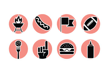 A collection of flat icons related to American football and tailgating activities.