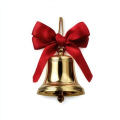 Golden christmas bell with red ribbon isolated on white background