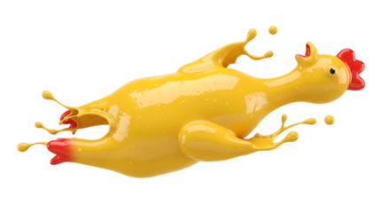 Rubber chicken exploding with yellow paint isolated on transparent background humorous and vibrant image showcasing a burst of color and playful energy, ideal for creative projects or lighthearted the