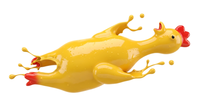 Rubber chicken exploding with yellow paint isolated on transparent background humorous and vibrant image showcasing a burst of color and playful energy, ideal for creative projects or lighthearted the