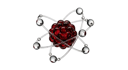 Illustration of an atom isolated on transparent background, depicting the structure of matter with a central nucleus surrounded by orbiting electrons, representing science, technology, and the fundame