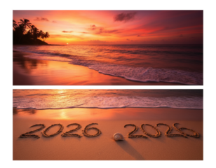 .Golden Beach Sunset Scene with 2026 Drawn in Sand Duo isolated on transparent background