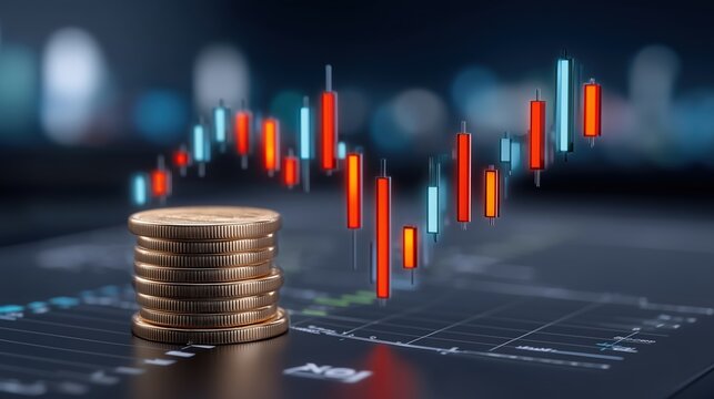 Financial Market Growth and Decline with Golden Coins and Candlestick Chart