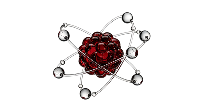 Illustration of an atom isolated on transparent background, depicting the structure of matter with a central nucleus surrounded by orbiting electrons, representing science, technology, and the fundame