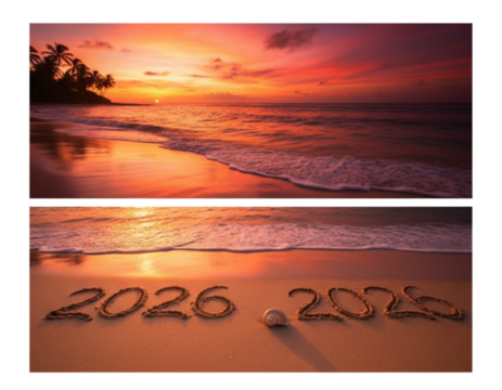 .Golden Beach Sunset Scene with 2026 Drawn in Sand Duo isolated on transparent background