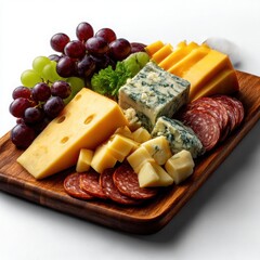 Gourmet cheese and charcuterie board with grapes isolated on white background