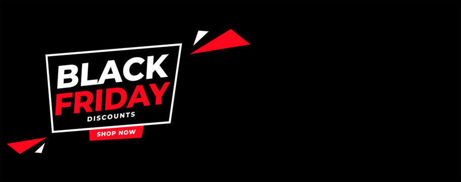 modern minimal black friday discounts vector banner: dark background with red and white typography and triangle accents