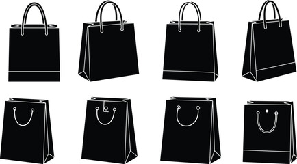 cad drawing flat vector illustration, shopping bags, retail packaging, paper bag design, black outline, fashion store, branding, eco friendly collection