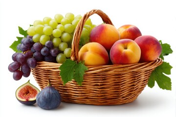 Wicker basket filled with fresh fruits isolated on white background