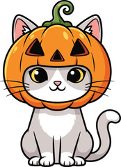 Cute cartoon cat wearing carved pumpkin helmet, Halloween jack o lantern costume, festive autumn holiday illustration, playful vector artwork design