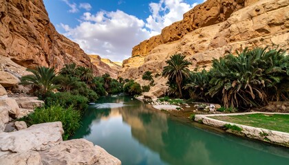 Green river flows through a canyon with palm trees, grass, and rocky banks, beneath a blue sky with white clouds