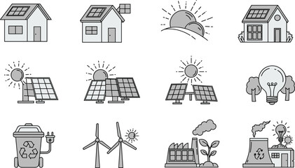 Eco energy icons set, solar panels, wind turbines, recycling, green technology, sustainability, environment conservation, clean electricity, renewable innovation, vector illustration