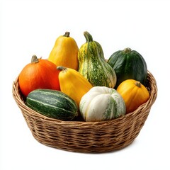 Basket of colorful gourds and pumpkins isolated on white background