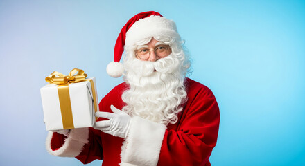 Santa holding a white gift box with gold ribbon, representative of Christmas spirit, generosity and holiday cheer, perfect for seasonal greetings