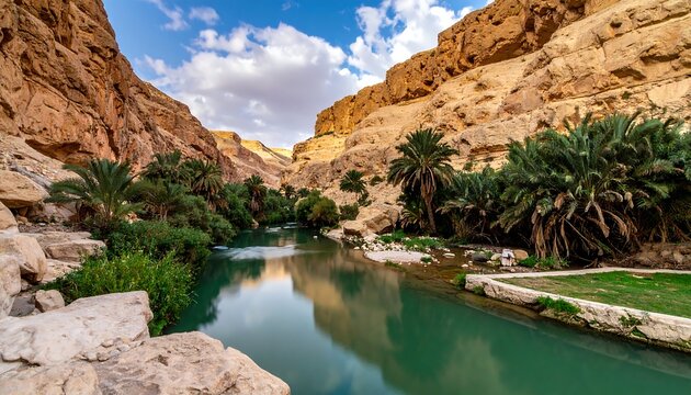 Green river flows through a canyon with palm trees, grass, and rocky banks, beneath a blue sky with white clouds