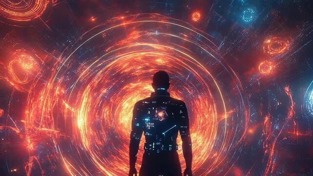 Person standing before a glowing space time portal