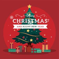 Merry Christmas and Happy New Year greeting card design with a decorated winter tree, snow, and decorative stars for a festive holiday celebration illustration