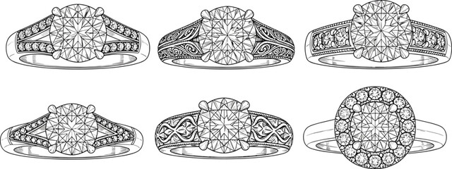 Engagement rings, diamond jewelry, wedding bands, ornate designs, filigree patterns, halo setting, luxury accessories, black and white sketch, vector illustration, cad drawing flat vector illustration