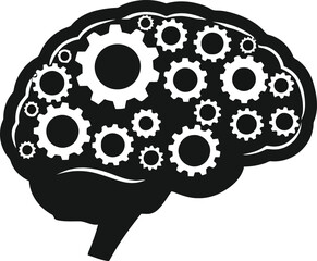 Silhouette of a human brain filled with interlocking gears, symbolizing thought and mechanics