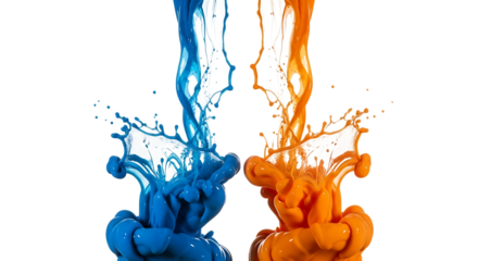 A vibrant dance of color unfolds as blue and orange paint collide in midair, creating a mesmerizing splash against an isolated on transparent background, capturing the dynamic energy and artistic expr