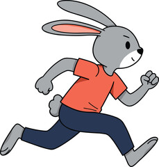 Gray rabbit cartoon, running animal character, fast vector mascot, red T‑shirt design, focused bunny artwork, children’s motion adventure illustration drawing