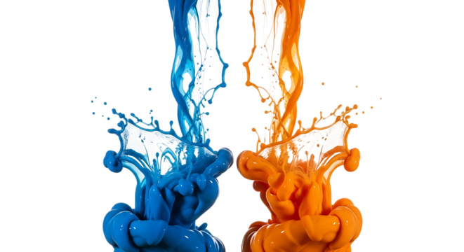 A vibrant dance of color unfolds as blue and orange paint collide in midair, creating a mesmerizing splash against an isolated on transparent background, capturing the dynamic energy and artistic expr